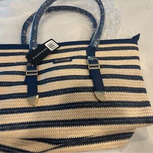 Rampage Navy and Cream Striped Straw Tote